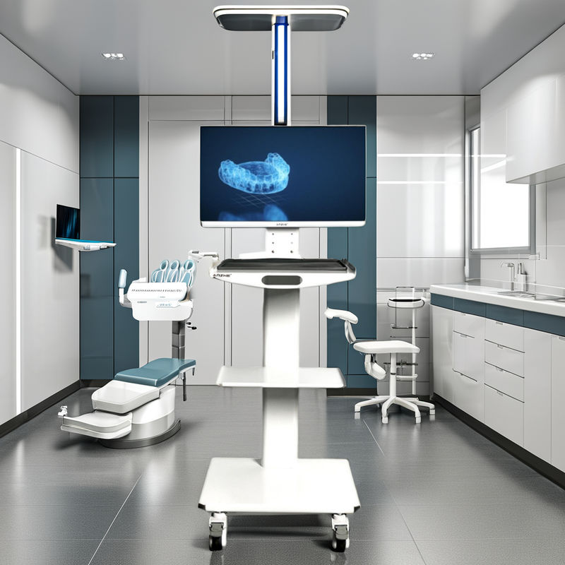 সাদা রঙের ডেন্টাল ওরাল স্ক্যানার মোবাইল কার্ট উইথ মনিটর হোল্ডার মেটাল ডেন্টাল ইন্সট্রুমেন্ট কার্ট পোর্টেবল ডেন্টাল ট্রলি